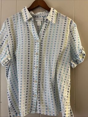 Alfred Dunner Blue and Green Dot-Pattern Short Sleeve Button-Up Shirt